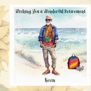 Retirement Card-PERSONALISED-Man On Muted Beach Background-HAPPY RETIREMENT-Enjoy Your Retirement-Personalised Retirement Card-Beach Themed