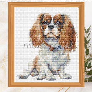 May include: Cross stitch pattern of a Cavalier King Charles Spaniel dog wearing glasses and a blue bow tie. The dog is sitting and looking at the viewer. The pattern is in a wooden frame.