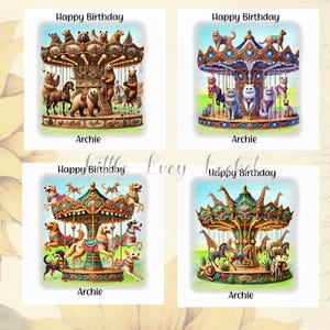 Tier Karussell Geburtstagskarte-4 Design Auswahl-PERSONALISIERT-Bär-Katze-Hund-Safari Tier-Giraffe-Zebra-Tier Karussell-Unisex Geburtstag