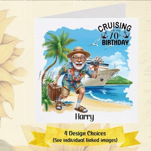 70er Geburtstagskarte-PERSONALISIERT-4 Designauswahl-Male 70th-Lustige Alterskarte-Cruise Theme-Septugenerian-70 Jahre-Lustiger Opa-Opa-Papa-Strand