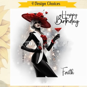 Tarjeta de cumpleaños para dama COCKTAIL PERSONALIZADA - Dama glamorosa con sombrero grande y bebida - Estilo gótico - Cumpleaños femenino - 4 opciones de diseño - Tarjeta elegante para dama