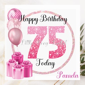Tarjeta de cumpleaños número 75 PERSONALIZADA - Tarjeta de cumpleaños número 75 - Grande rosa 7/5 - Globos y regalos - Tarjeta de cumpleaños número 75 para ella - Celebración del cumpleaños número 75