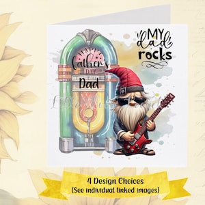 Tarjeta del Día del Padre para Papá Rockero - 4 Diseños - PERSONALIZADA - Jukebox - Gnomo Guitarrista - Papá Estrella de Rock - Tarjeta del Día del Padre para Gnomo - Tema Musical
