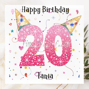 Carte 20e anniversaire-personnalisée-vingtième anniversaire-20e carte célébration 20e carte amusante 20e carte colorée 20e carte rose 20e chapeau de fête 20e
