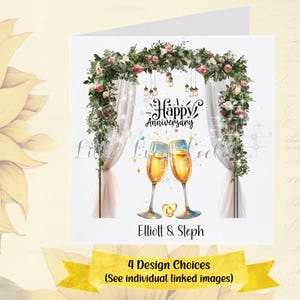 HOCHZEITSTAG Karte-PERSONALISIERT-4 Designauswahl-Blumenbogen mit gedruckten Lichtern-Champagnerflöten-Weingläser-Hochzeitsringe-His / Hers