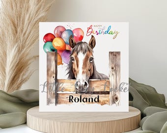 Personalized Horse Birthday Card: Watercolor Balloons, Peeking Horse