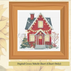 Peut inclure: Un diagramme de point de croix représentant une maison rouge ornée de guirlandes lumineuses et d'un sapin de Noël. L'image est encadrée dans un cadre en bois, avec le texte "Digital Cross Stitch Chart (Chart Only)" en bas.