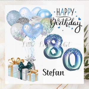 Personalisierte 80er Geburtstagskarte-EIGHTY-Eightieth Geburtstagskarte-80-Blaue Luftballons & Geschenke-Karte für 80er-Unisex 80er Geburtstagskarte-Benannte Karte