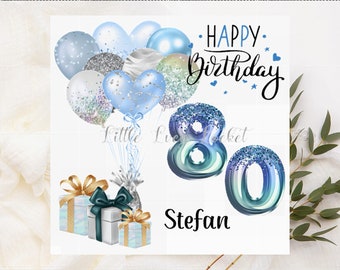 Personalised 80th Birthday Card-EIGHTY-Eightieth Birthday Card-80-Blue Balloons & Gifts-Card for 80th-Unisex 80th Birthday Card-Named Card