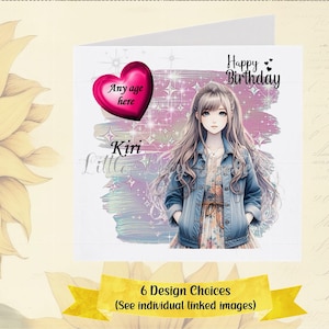 ANIME Geburtstagskarte-PERSONALISIERT-JEDE Alter-6 Designs-Denim Jacke Mädchen mit Ballon-Teen Geburtstag-Manga-Female Birthday-Girl-Japanime-Teenager