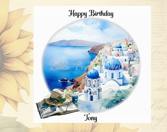 GREEK Village Birthday Card-PERSONALISED-Muted Watercolour Greek Scene-Book-Hat-Sunglasses-Santorini-Greece-Unisex Birthday Card-Holiday