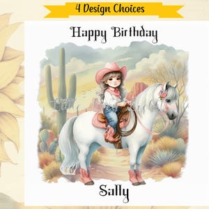 COWGIRL Geburtstagskarte-PERSONALISIERT-4 Designauswahl-Aquarellbilder-Kleines Mädchen auf Pferderücken-Wüste-Pink Cowgirl Hut / Stiefel-Tween-Lass