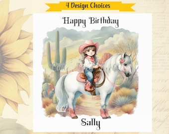 COWGIRL Birthday Card-PERSONALISED-4 Design Choices-Watercolour Images-Little Girl on Horseback-Desert-Pink Cowgirl Hat/Boots-Tween-Lass