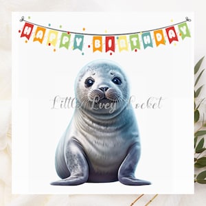 Bonita tarjeta de cumpleaños de foca con banderines/banderas - Tarjeta de cumpleaños unisex - Tarjeta de cumpleaños de animales - Tarjeta de cumpleaños de cría de foca en acuarela - Tarjeta de vida marina
