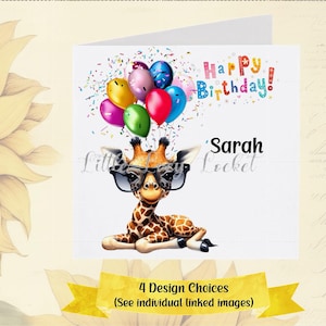 Cute GIRAFFE Birthday Card-PERSONALISED-4 Design Choices-Giraffe in Specs-Colourful Balloons-Funny Animal Card-Giraffe with Gifts-Unisex