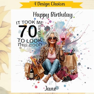 4 choix de modèles-carte d'anniversaire 70e-personnalisée-femme 70e-carte drôle d'âge-jeu de mots-esprit-septugène-70 ans-glamour grand-mère-grand-mère-grand-mère-maman