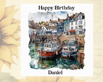 HAFEN Szene Geburtstagskarte-PERSONALISIERT-männliche Geburtstagskarte-Fischer-Hafen-Aquarell Bild-Fischerdorf-Boote-Scenic Karte für ihn