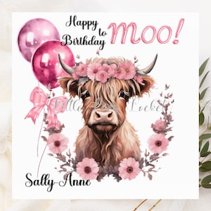 PERSONALISIERTE Geburtstagskarte-HIGHLAND COW mit rosa Blumenkranz-Aquarell Design-Haarige Kuh-Highland Cattle Card-Happy Birthday für Moo