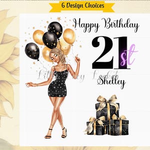 21 Geburtstagskarte für Sie-PERSONALISIERTE-6 Design Auswahl-Lange Haare-Mädchen mit Luftballons & Geschenke-Twenty erste-Tochter 21st-Bestie-Blond-Braun