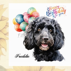 Tarjeta de cumpleaños de LABRADOODLE - PERSONALIZADA - Cabeza de labradoodle negro con globos - Tarjeta de cumpleaños de perro - Cumpleaños para amantes de los perros - Tarjeta de cumpleaños de doodle - Caniche