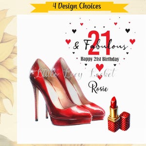 4 choix de motifs-Carte d'anniversaire pour 21 ans CHAUSSURES ROUGES-Anniversaire pour femme-Personnalisé-Vingtième fille de 21 ans-Chaussures et rouge à lèvres-Lunettes de soleil-Talons