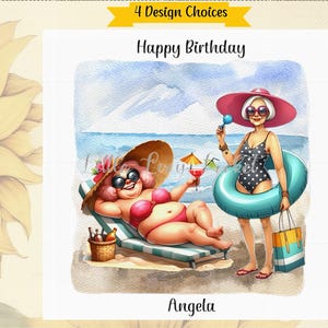 Tarjeta de cumpleaños de BEACH Belles - PERSONALIZADA - 4 diseños a elegir - Cumpleaños para mujer - Tarjeta para ella - Señoras mayores en la playa - Cumpleaños costero - Divertido