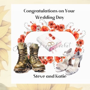 ARMY Hochzeitskarte-PERSONALISIERT-Braut/Militär-Bräutigam-Mr und Mrs-Hochzeit-Glückwünsche-Heirat-Soldat Stiefel & Brautschuhe-Mohnblumen-Truppen