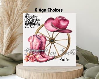 Personalized Cowgirl Birthday Card: Pink Boots & Hat