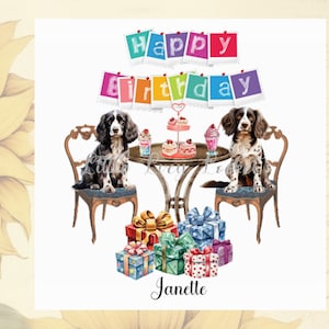 Tarjeta de cumpleaños de SPRINGER Spaniel - PERSONALIZADA - Fiesta del té del Springer inglés - Cumpleaños de los amantes de los perros - Spaniels tomando el té - Tarjeta de té de cumpleaños de Springer -