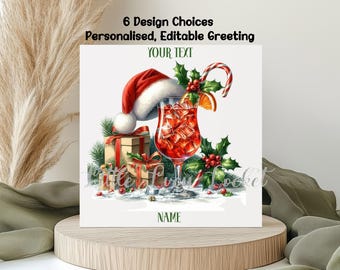 Christmas Cocktail Card: Watercolour Image, Festive Drink, Personalised Greeting, Xmas Spirit, 6 Design Choices