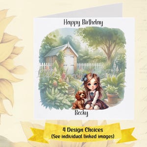 Carte d'anniversaire petite fille - PERSONNALISÉE-6 Designs au choix-SPANIEL fille-jardin scène-petite fille et épagneul-fille avec chien-fille d'anniversaire