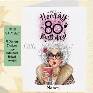 Tarjeta de 80 cumpleaños - PERSONALIZADA - Mujer - 4 diseños a elegir - Tamaño 12,7 x 18,8 cm - Divertida tarjeta de edad - Ingeniosa - Octogenaria - 80 años - Abuela