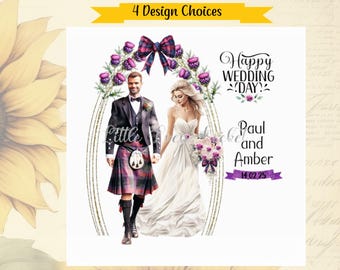 Tarjeta de boda escocesa - PERSONALIZADA - Novios con kilt - 4 diseños - Boda en las Tierras Altas - Sr. y Sra. - Felicitaciones - Gaélico - Caledonio - Tartán - Matrimonio