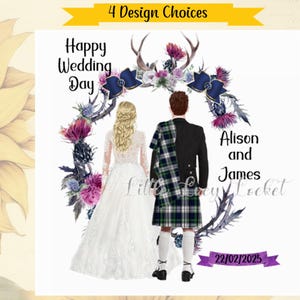 スコットランドのウェディング カード - パーソナライズ - キルトを着た新郎新婦 - ハイランドの結婚式 - 夫婦 - 4 つのデザインから選択 - お祝い - ゲール語 - カレドニア語 - タータン
