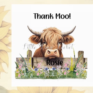 Danke Karte-Highland Kuh-PERSONALISIERT-Kuh am Tor mit Blumen-Danke MOO-Danke-Much Schätzen-Dankbarkeit-Gracias-Merci-Note-Haarige Kuh