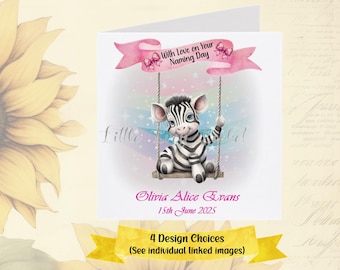 Carte pour bébé-carte de baptême-personnalisé-4 choix de conception-animaux sur des balançoires-baptême carte-nom de cérémonie-nouveau-bébé-nom-donner-célébration
