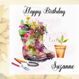 Carte d'anniversaire jardinage pour elle-personnalisée-femme carte de jardinage avec bottes florales-rose imprimé paillettes-plants-outils de jardinage-jardinier