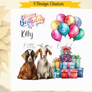 ZIEGE Geburtstagskarte-PERSONALISIERT-4 Designauswahl-Ziegen mit Luftballons und Geschenken-Kid-Nanny Goat-Male / Female Geburtstag-Tiergeburtstagskarte-Unisex