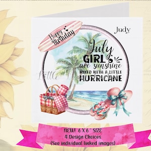 JULY Birthday Card-PERSONALISED-4 Design Choices-Female Beach Themed Card for July Birthday-Pink Beach Items-Girly-Fashion Birthday-Summer