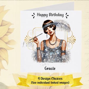 Tarjeta de cumpleaños Art Déco personalizada, 4 diseños a elegir, estilo Flapper, años 20, elegante tarjeta para ella, tarjeta de cumpleaños femenina, años 20