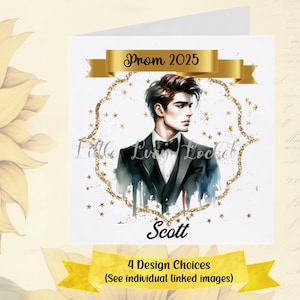 PROM Karte-PERSONALISIERT-4 Design Auswahl-Sohn/Enkel Abschlussball Karte-Male Abschlusskarte-Leaver Party-Junger Mann im Tux-Prom König-Gold Banner-Graduate