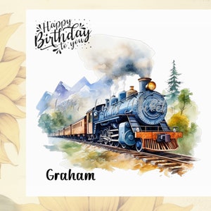 Tarjeta de cumpleaños de tren de vapor - PERSONALIZADA - Locomotora sobre fondo rural - Tarjeta de cumpleaños para hombre - Tarjeta de tren para él - Imágenes de acuarela - Observador de trenes