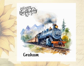 Tarjeta de cumpleaños de tren de vapor - PERSONALIZADA - Locomotora sobre fondo rural - Tarjeta de cumpleaños para hombre - Tarjeta de tren para él - Imágenes de acuarela - Observador de trenes