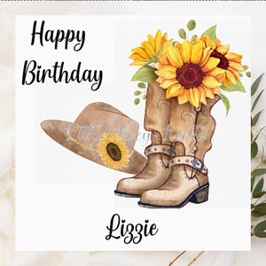 Chapeau de cow-girl et bottes de tournesol carte d'anniversaire-carte d'anniversaire personnalisée-danseuse de ligne-tournesols-carte d'anniversaire de style occidental pour elle-COWGIRL