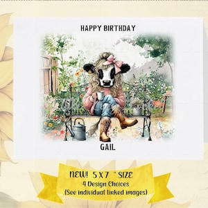 COW Birthday Card-PERSONALISED-4 Design Choices-Comedy Cow-Clothed Cow Card-Funny Cow Birthday Card-Garden Theme Card-Animal-Fun Birthday