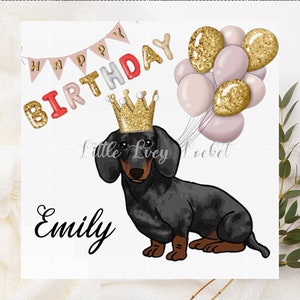 Tarjeta de cumpleaños personalizada con forma de perro salchicha: 3 opciones, perro SALCHICHA, GLOBOS y BANDERÍN, tarjeta de cumpleaños para ella, tarjeta de cumpleaños para mujer, tarjeta de cumpleaños para perro