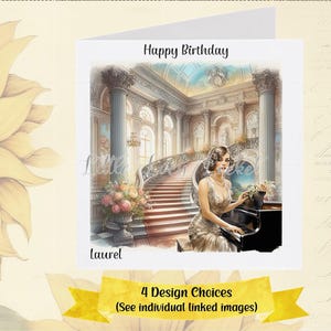 Tarjeta de cumpleaños ART DECO - PERSONALIZADA - 4 opciones de diseño - Felices años 20 - Gran salón con una dama de 1920 al piano - Amante de la música - Elegante tarjeta de cumpleaños femenina