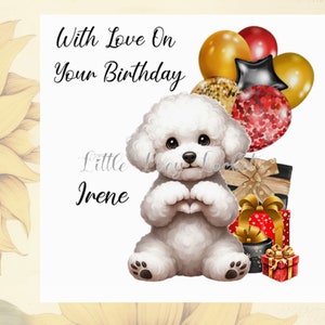 Bichon Frise Geburtstagskarte-PERSONALISIERT-Süßer Herzhund-Rot, Gold, schwarze Luftballons & Geschenke-Hundeliebhaber Geburtstag-BICHON FRISE-Kleine Hundekarte