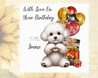 May include: A white fluffy dog with a heart-shaped nose sits with its paws together. The dog is surrounded by colorful balloons and wrapped gifts. The text "With Love On Your Birthday" is at the top of the image. The text "Little Irene" is at the bottom of the image.