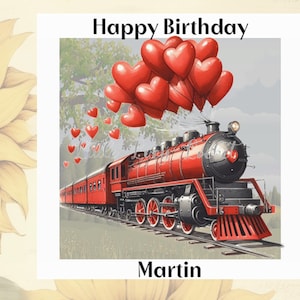 Tarjeta de cumpleaños de tren personalizada con globos de corazón sobre un fondo rural apagado. Tarjeta de cumpleaños de locomotora. Tren del amor. Observador de trenes.